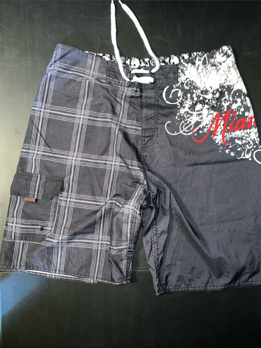 Men's Black Plaid & Graphic Miami Ink Swim Board Shorts